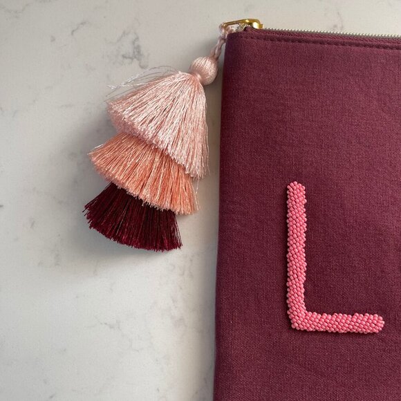 Stella & Dot 'LOVE' Retired Lined Zip Clutch w Tassel Burgundy + Pink OS NWOT - Picture 3 of 13